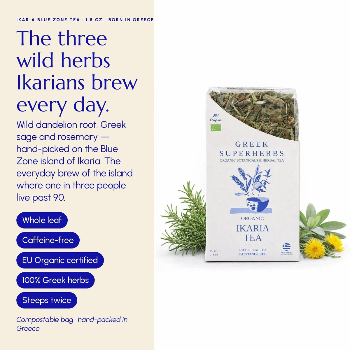 Té de hierbas Ikaria: mezcla revitalizante de la Zona Azul con diente de león, salvia y romero