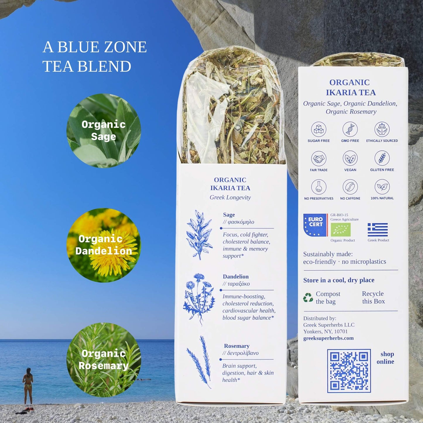 Tisane Ikaria – Mélange revitalisant des zones bleues à base de pissenlit, de sauge et de romarin