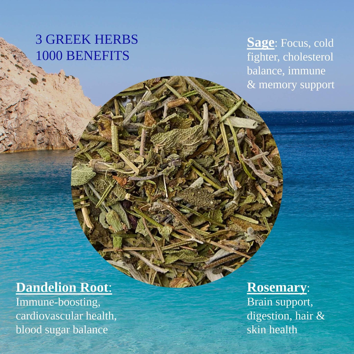 Tisane Ikaria – Mélange revitalisant des zones bleues à base de pissenlit, de sauge et de romarin