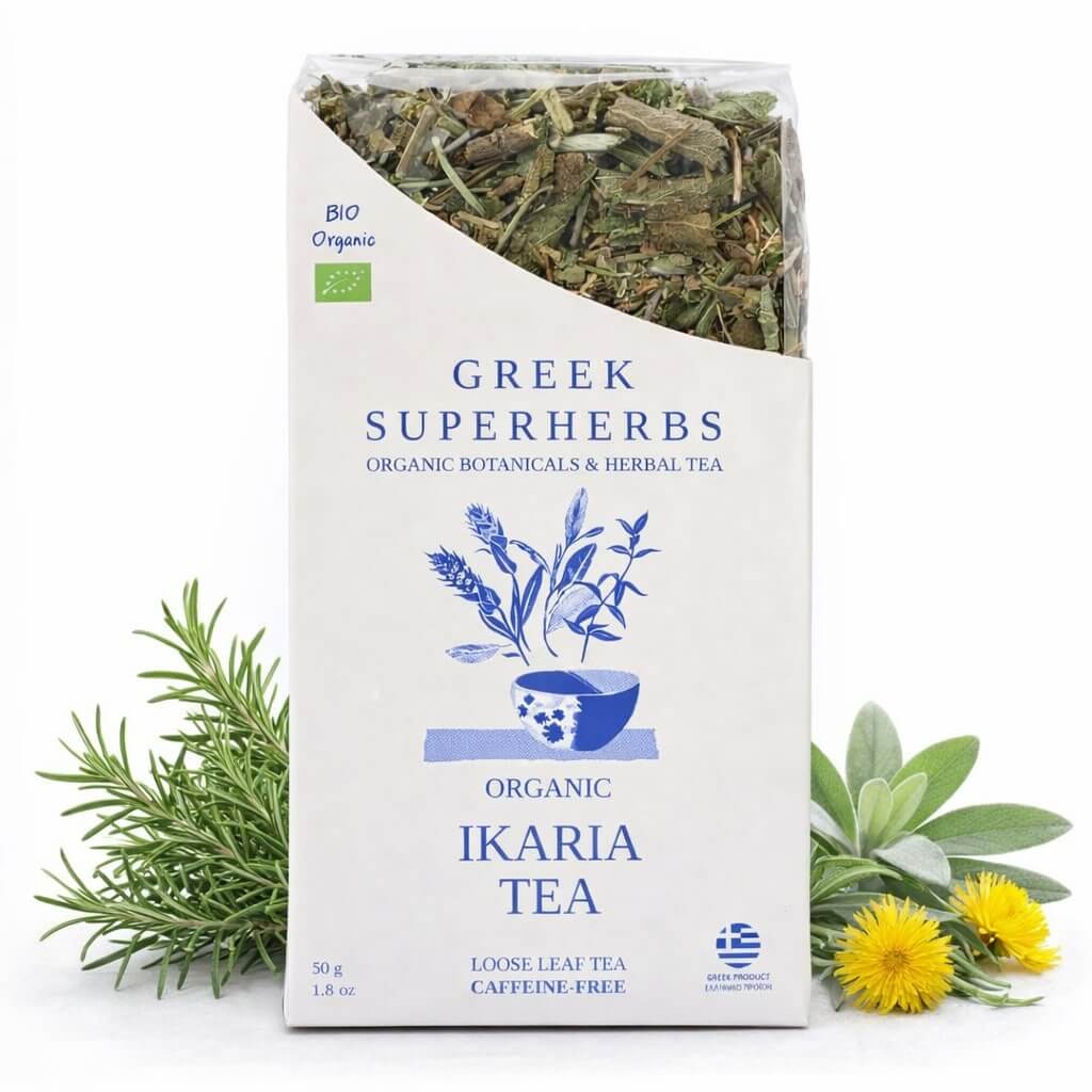 Tisane Ikaria – Mélange revitalisant des zones bleues à base de pissenlit, de sauge et de romarin