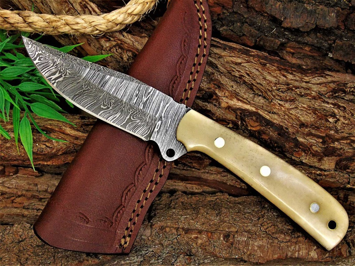 Premium Custom Damascus Skinning Knife with Elegant Bone Handle - 8.25-Inch Blade - Korvel
