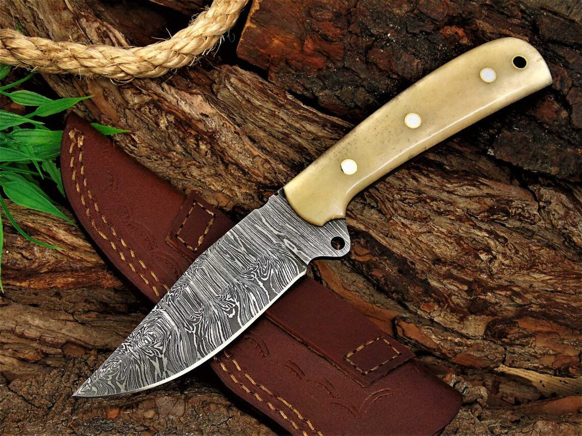 Premium Custom Damascus Skinning Knife with Elegant Bone Handle - 8.25-Inch Blade - Korvel