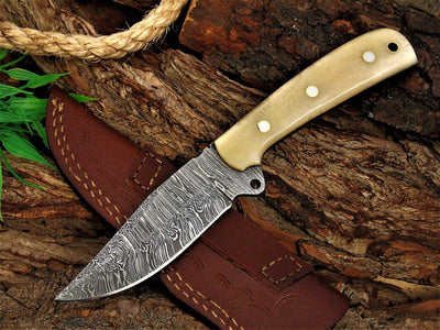 Premium Custom Damascus Skinning Knife with Elegant Bone Handle - 8.25-Inch Blade - Korvel