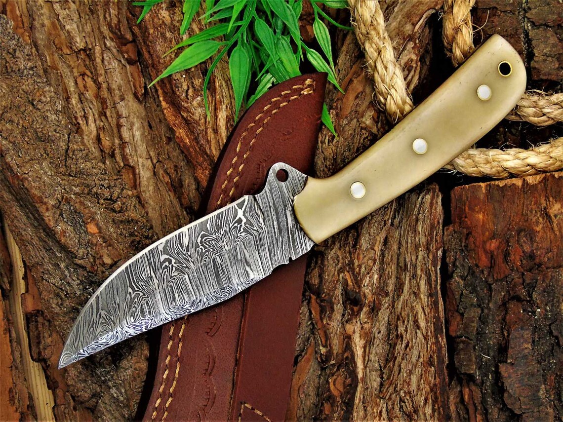 Premium Custom Damascus Skinning Knife with Elegant Bone Handle - 8.25-Inch Blade - Korvel