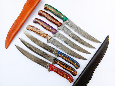 Artisan Damascus Steel Fillet Knife with Unique Pine Cone Handle - 13 Inches with Leather Sheath - Korvel