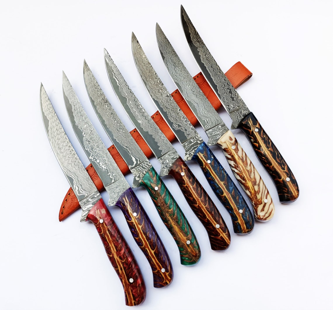 Artisan Damascus Steel Fillet Knife with Unique Pine Cone Handle - 13 Inches with Leather Sheath - Korvel