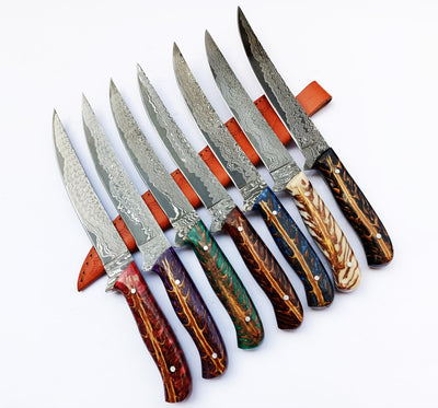 Artisan Damascus Steel Fillet Knife with Unique Pine Cone Handle - 13 Inches with Leather Sheath - Korvel