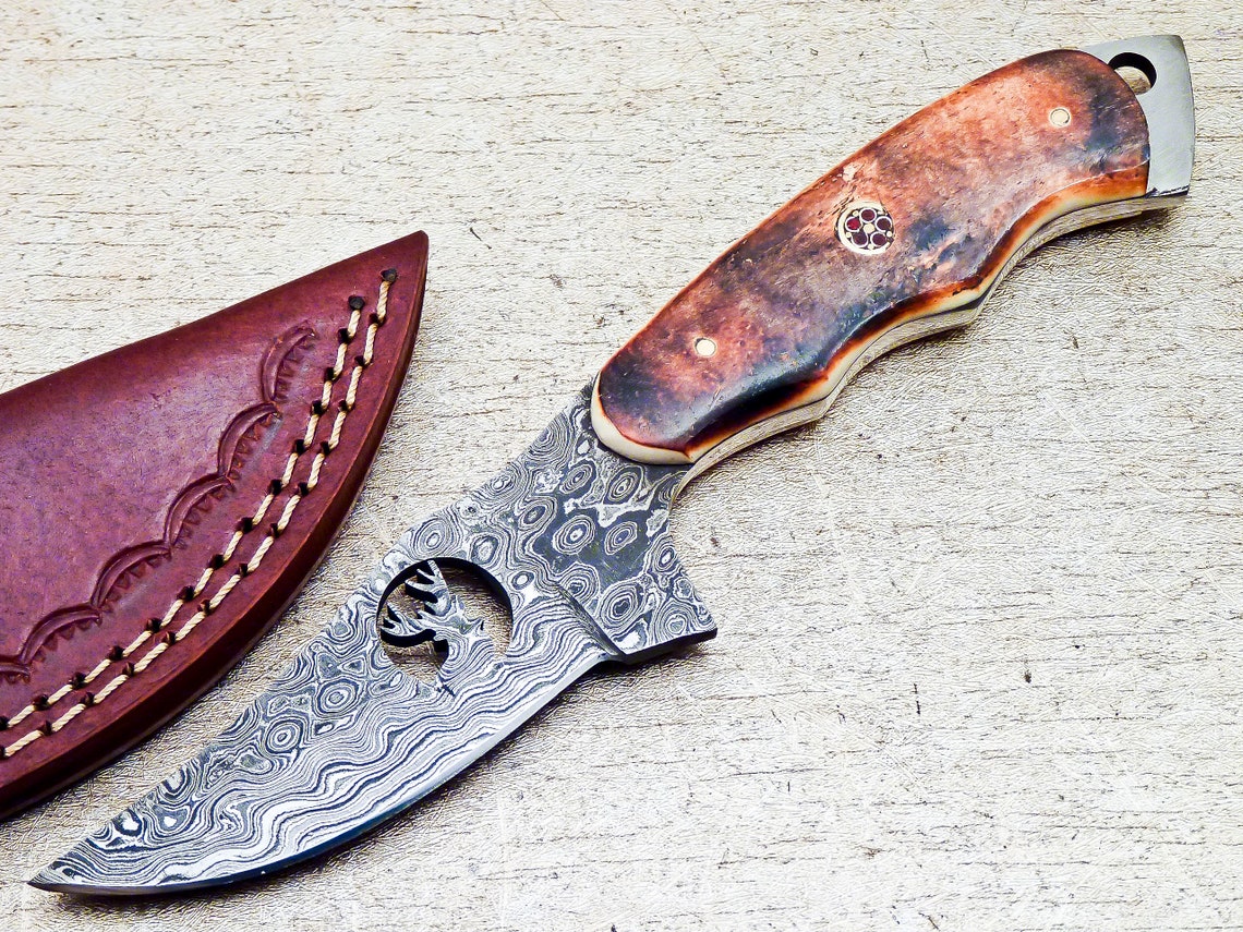 Artisan Crafted Damascus Steel Skinning Knife with Bone Handle - Korvel