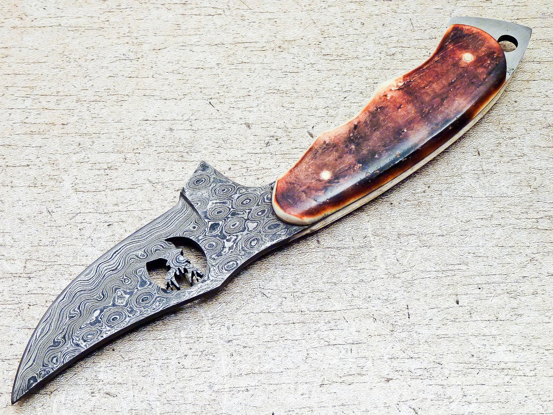 Artisan Crafted Damascus Steel Skinning Knife with Bone Handle - Korvel