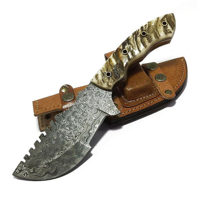 Premium Handmade Tracker Knife – Raindrop Damascus with Unique Sheep Horn Handle - Korvel