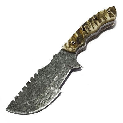 Premium Handmade Tracker Knife – Raindrop Damascus with Unique Sheep Horn Handle - Korvel