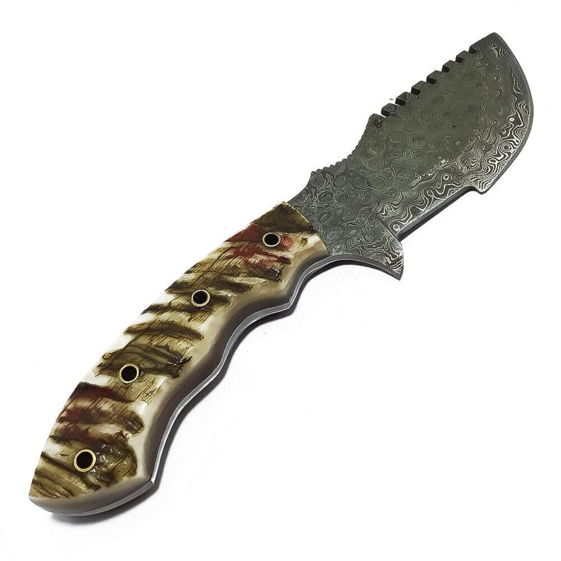 Premium Handmade Tracker Knife – Raindrop Damascus with Unique Sheep Horn Handle - Korvel