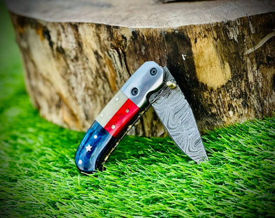Handcrafted Texas Pride Damascus Steel Folding Knife | Unique Wood-Bone Handle | 3.1" Blade with Leather Sheath - Korvel