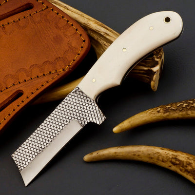 Handcrafted Cowboy Farrier Rasp Bull Cutter Knife | Bone Grip | 8" | Leather Sheath Included - Korvel