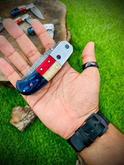 Handcrafted Texas Pride Damascus Steel Folding Knife | Unique Wood-Bone Handle | 3.1" Blade with Leather Sheath - Korvel