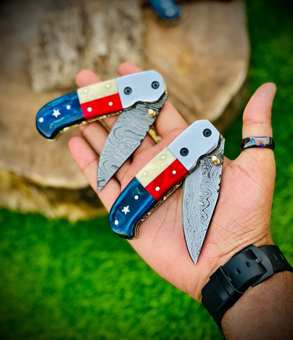 Handcrafted Texas Pride Damascus Steel Folding Knife | Unique Wood-Bone Handle | 3.1" Blade with Leather Sheath - Korvel