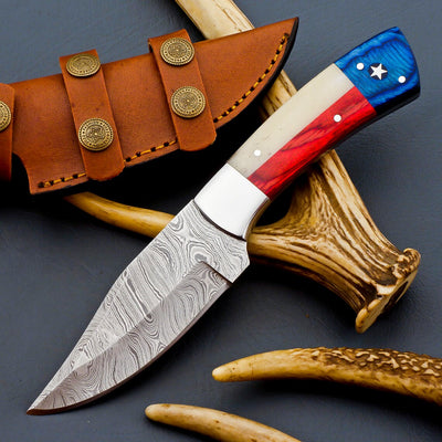Handcrafted Texas Flag Damascus Steel Hunting Knife | Exotic Wood & Bone Handle | 9" | Leather Sheath Included - Korvel