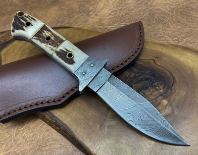 Premium Custom Damascus Hunting Knife | Stag Horn Grip | 8.5" | Leather Sheath Included - Korvel
