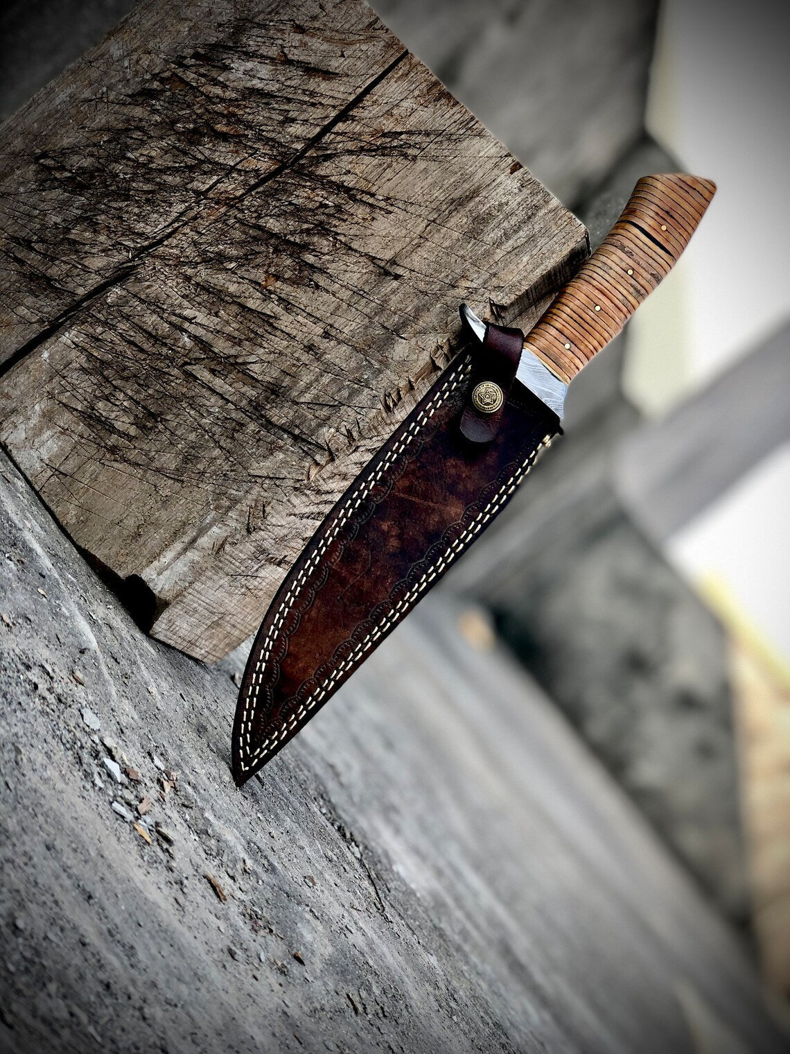 Exquisite Handmade Damascus Steel Bowie Knife | Leather-Damascus Handle | 12" | Includes Leather Sheath | KBS Knives - Korvel