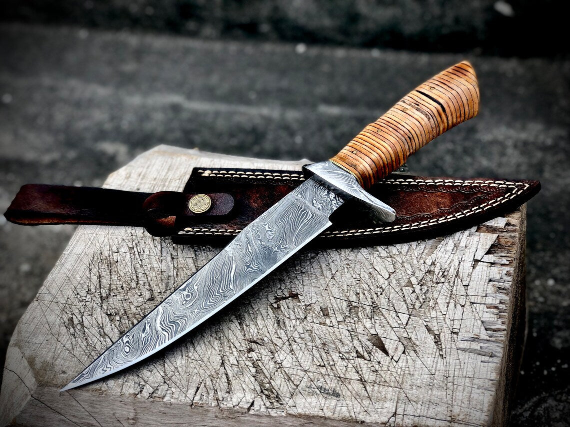 Exquisite Handmade Damascus Steel Bowie Knife | Leather-Damascus Handle | 12" | Includes Leather Sheath | KBS Knives - Korvel