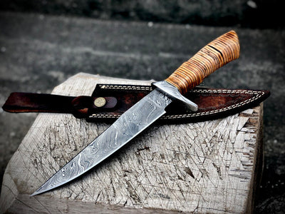 Exquisite Handmade Damascus Steel Bowie Knife | Leather-Damascus Handle | 12" | Includes Leather Sheath | KBS Knives - Korvel