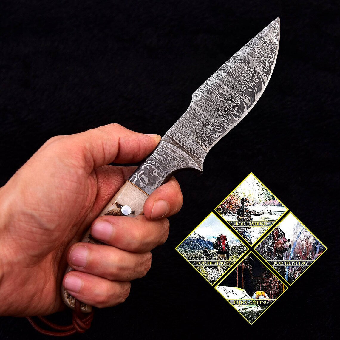 Premium Custom Damascus Skinning Knife with Elegant Sheep Horn Handle - 9-Inch - Korvel