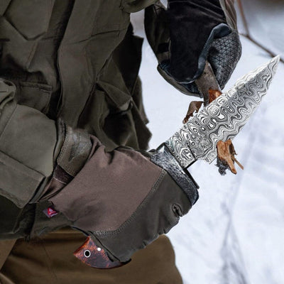 Premium Custom Damascus Steel Hunting Knife | Elegant Rosewood Handle | 9.5 Inches | Includes Leather Sheath - Korvel