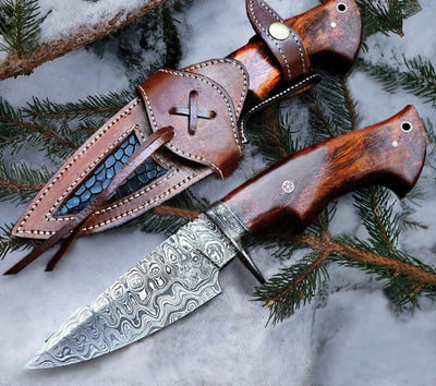 Premium Custom Damascus Steel Hunting Knife | Elegant Rosewood Handle | 9.5 Inches | Includes Leather Sheath - Korvel