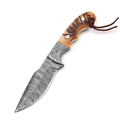 Premium Custom Damascus Skinning Knife with Elegant Sheep Horn Handle - 9-Inch - Korvel
