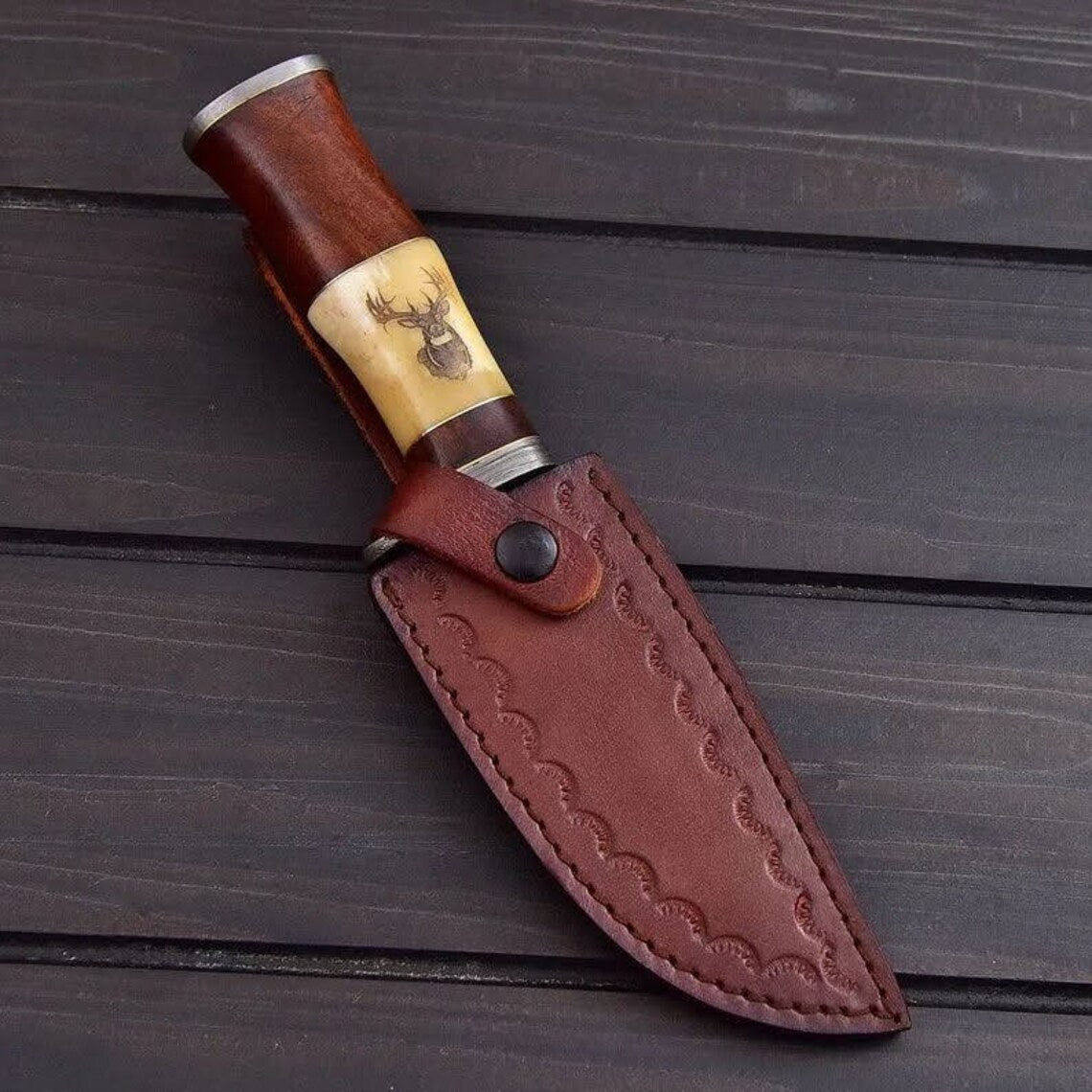Premium Handcrafted Damascus Hunting Knife | Unique Engraved Bone & Rosewood Handle | 10" | Includes Leather Sheath - Korvel