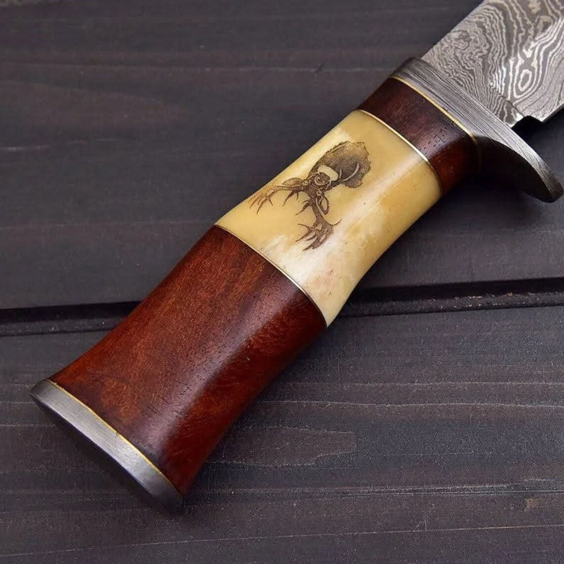 Premium Handcrafted Damascus Hunting Knife | Unique Engraved Bone & Rosewood Handle | 10" | Includes Leather Sheath - Korvel