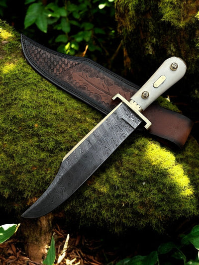 Custom Handmade W49 Bowie Knife – Damascus Steel Blade with Elegant Bone Handle - Korvel
