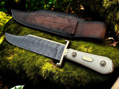 Custom Handmade W49 Bowie Knife – Damascus Steel Blade with Elegant Bone Handle - Korvel
