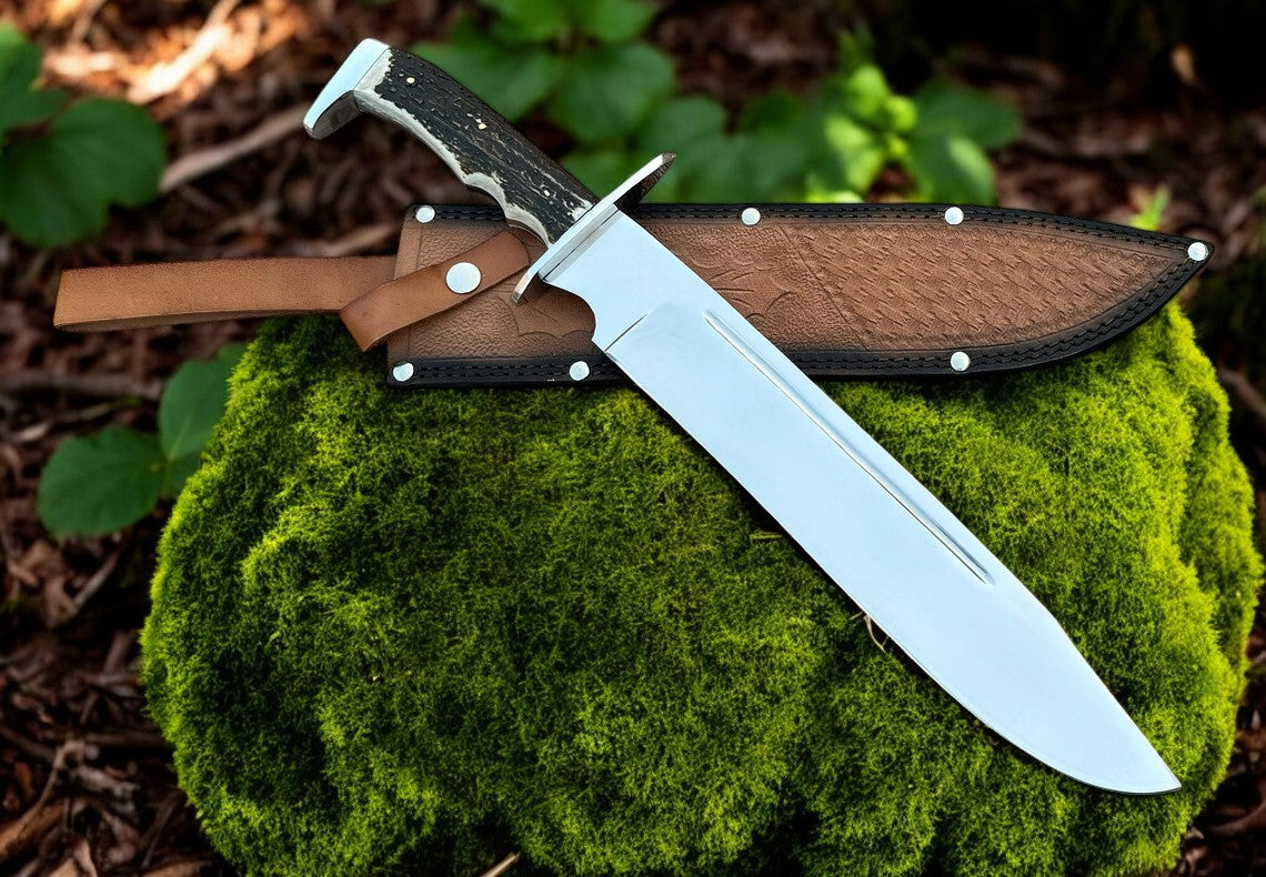 Highlander Stag Handle Bowie Knife – 18" Custom D2 Steel Blade with Stag Horn Grip - Korvel