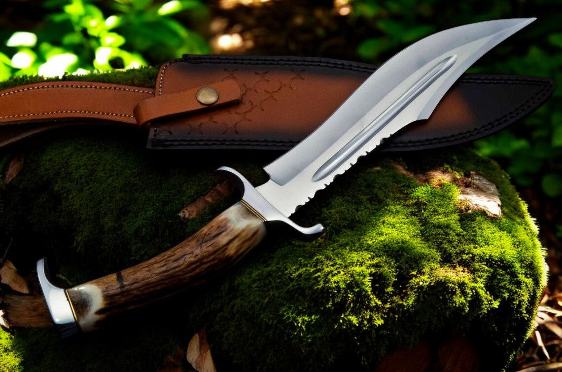 Premium 14" Bowie Knife with Authentic Antler Handle & D2 Steel Blade - Korvel
