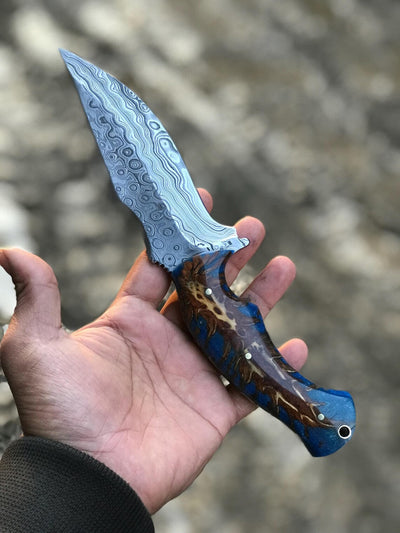 Premium Custom Damascus Steel Hunting Knife – 10" with Unique Raindrop Blade | KBS Knives - Korvel