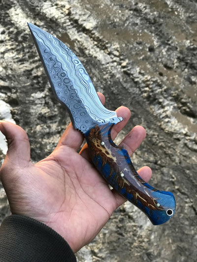 Premium Custom Damascus Steel Hunting Knife – 10" with Unique Raindrop Blade | KBS Knives - Korvel