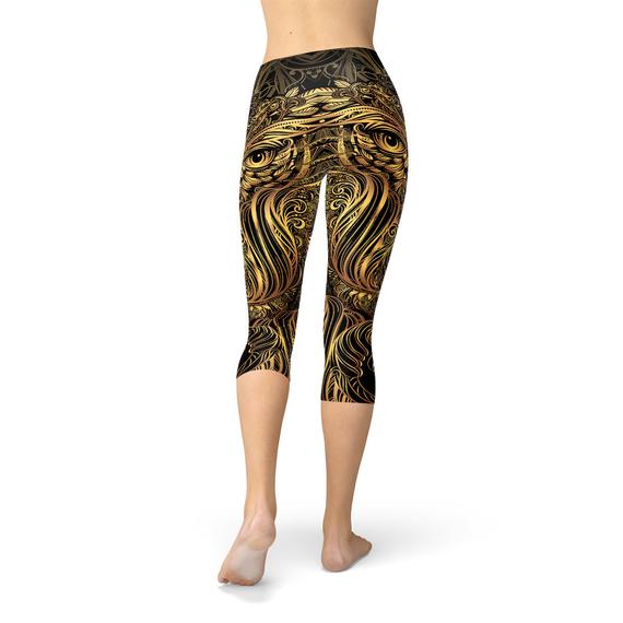 Leggings Capri Femme avec Motif Hibou Doré