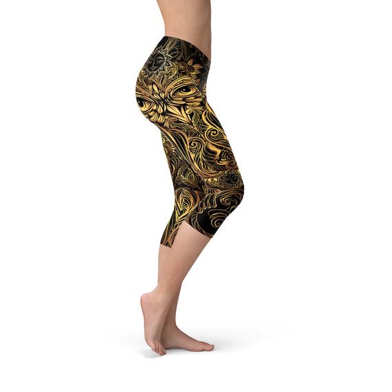 Leggings Capri Femme avec Motif Hibou Doré