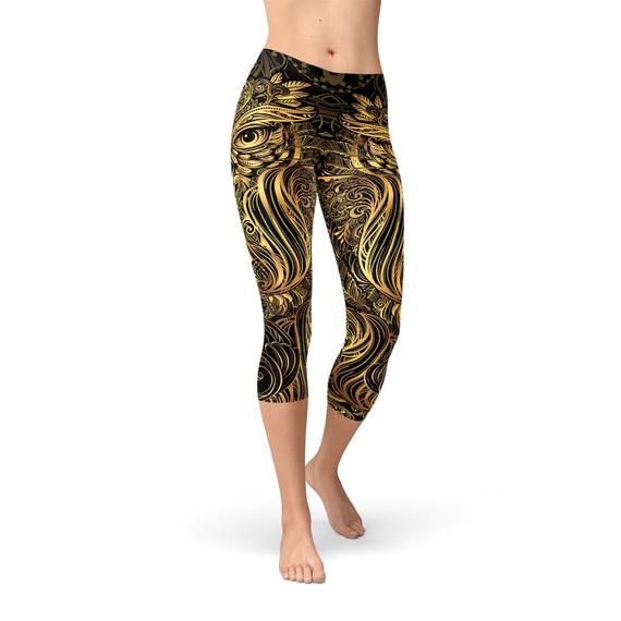 Leggings Capri Femme avec Motif Hibou Doré
