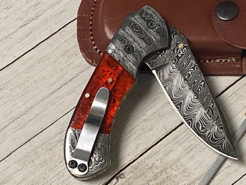 Premium Folding Pocket Knife with Epoxy Resin Handle & Leather Case - 3.2" Blade by KBS Knives - Korvel