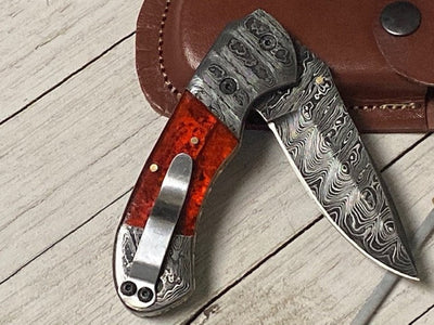 Premium Folding Pocket Knife with Epoxy Resin Handle & Leather Case - 3.2" Blade by KBS Knives - Korvel