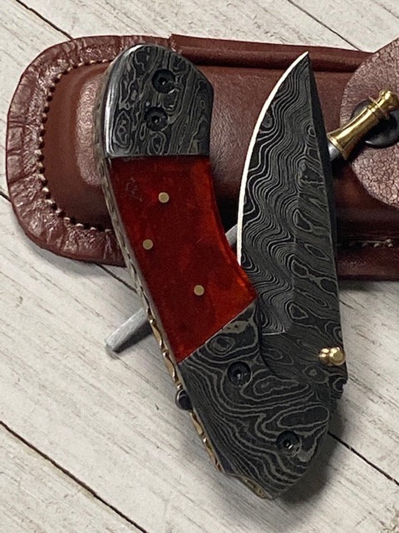 Premium Folding Pocket Knife with Epoxy Resin Handle & Leather Case - 3.2" Blade by KBS Knives - Korvel