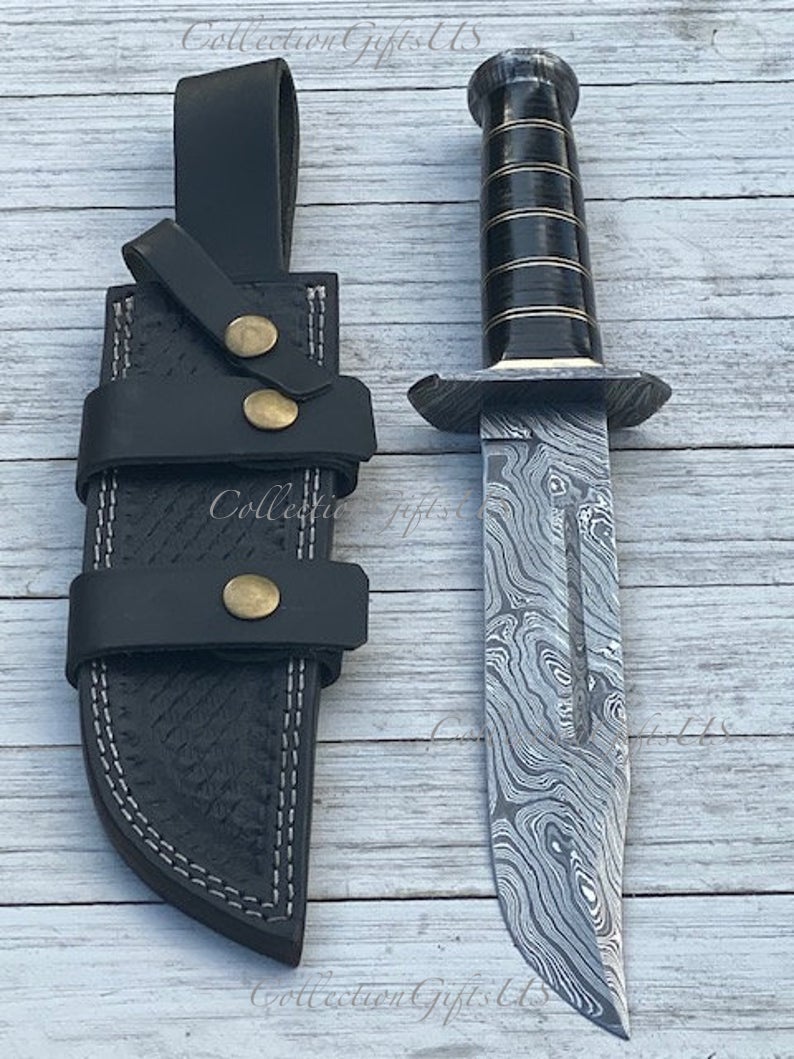 Elegant Black Damascus Bowie Knife for Outdoor Adventures - Korvel