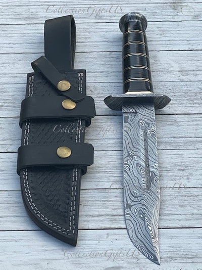 Elegant Black Damascus Bowie Knife for Outdoor Adventures - Korvel