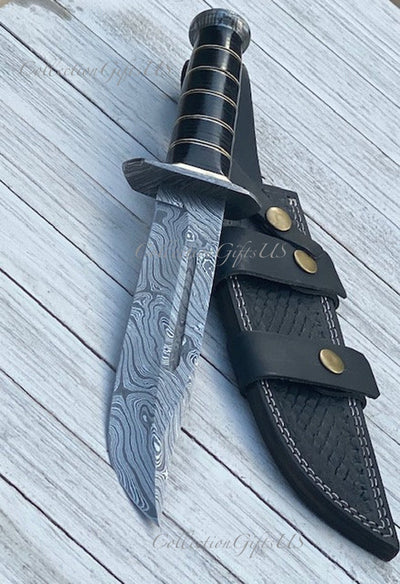 Elegant Black Damascus Bowie Knife for Outdoor Adventures - Korvel