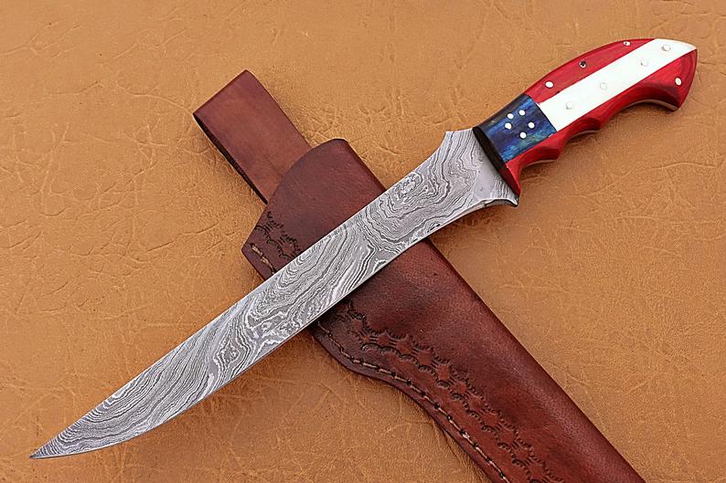 Exquisite Handmade Damascus Steel Fillet-Boning Knife with Texas Flag Handle - 13 Inch Length - Korvel
