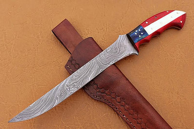 Exquisite Handmade Damascus Steel Fillet-Boning Knife with Texas Flag Handle - 13 Inch Length - Korvel