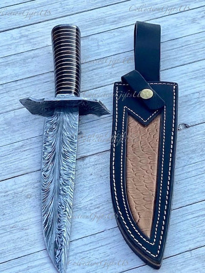 Exquisite Feather Pattern Damascus Bowie Knife - Korvel