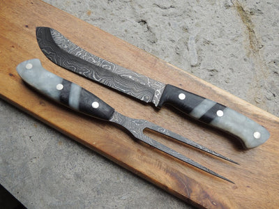 Premium Handmade Damascus Steel Steak Knife and Fork Set - Korvel